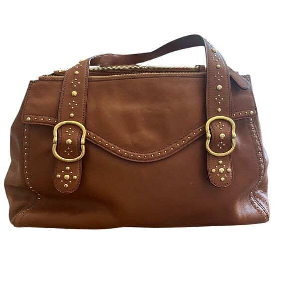 Luxurious Brown Leather Satchel with Gold Accents - Picture 1 of 6